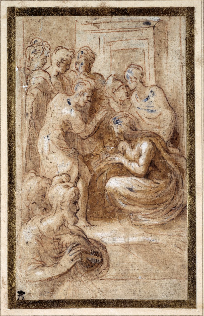 Tilbedelse av den hellige familie i et interiør (penn og brunt blekk med brun vask og hvit forhøyning på krempapir) av Parmigianino 