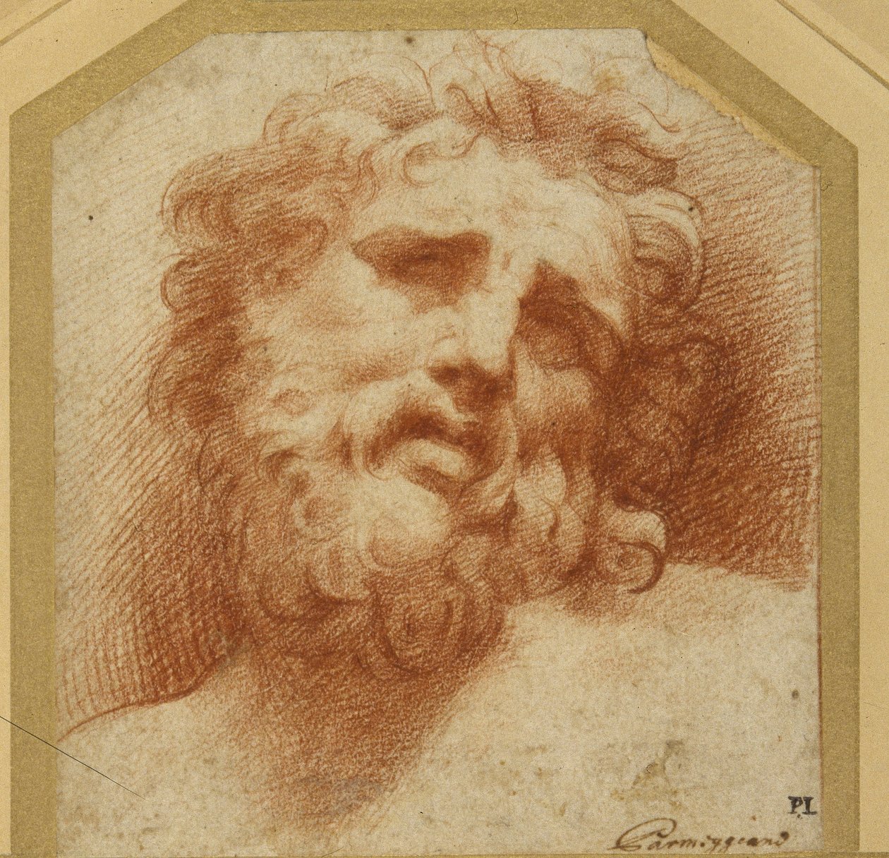 Et skjeggete hode, ser opp (muligens Laocoon) (rødt kritt på hvitt papir) av Parmigianino