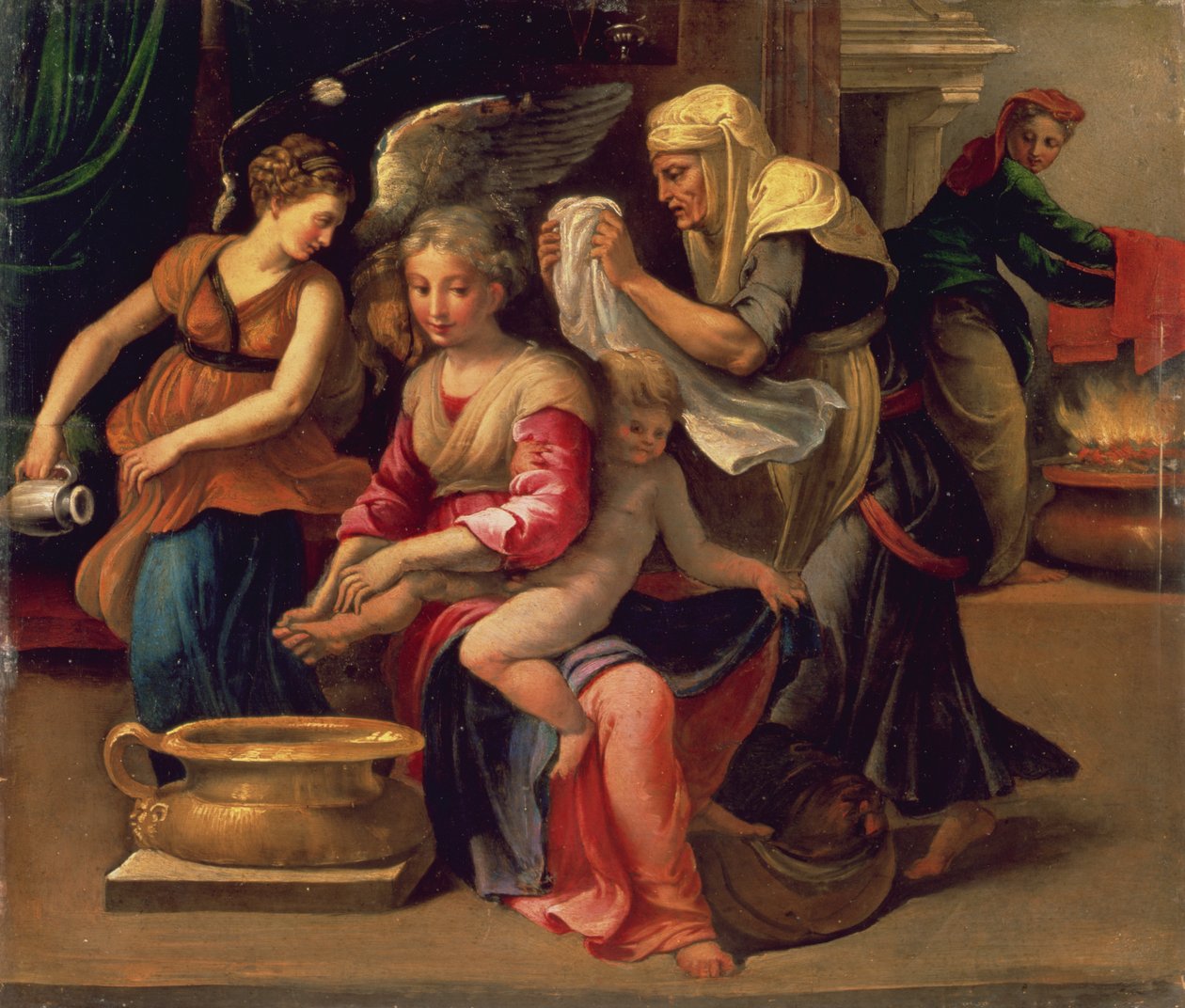 Bading av en baby (olje på panel) av Parmigianino