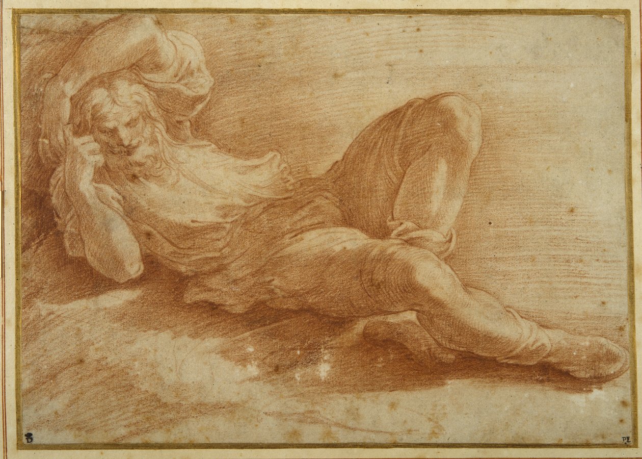Skjeggfigur, sover (rødt kritt på hvitt papir) av Parmigianino