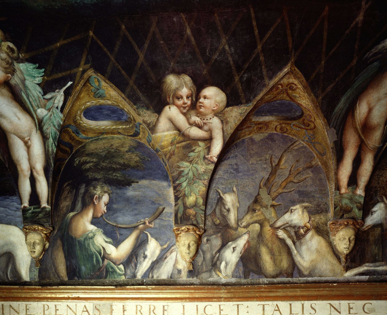 Detalj av en freske av rommet til Diane (Artemis) og Acteon av Francesco Mazzola kalt Le Parmesan (1503-1540) (Parmigianino) for Paola Gonzaga og Galeazzo Sanvitale. Den representerer et nymfespillende horn samt kjerubiner og "putti". Acteon er e av Parmigianino
