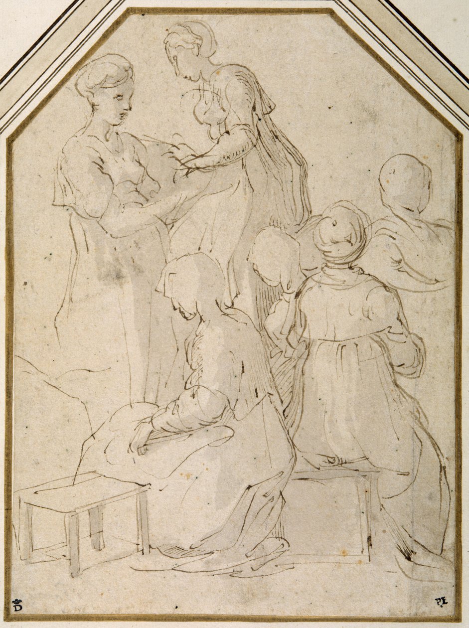 Hjemmegruppe, to stående kvinner og fire sittende (penn og brunt blekk med blekbrun vask på hvitt papir) av Parmigianino