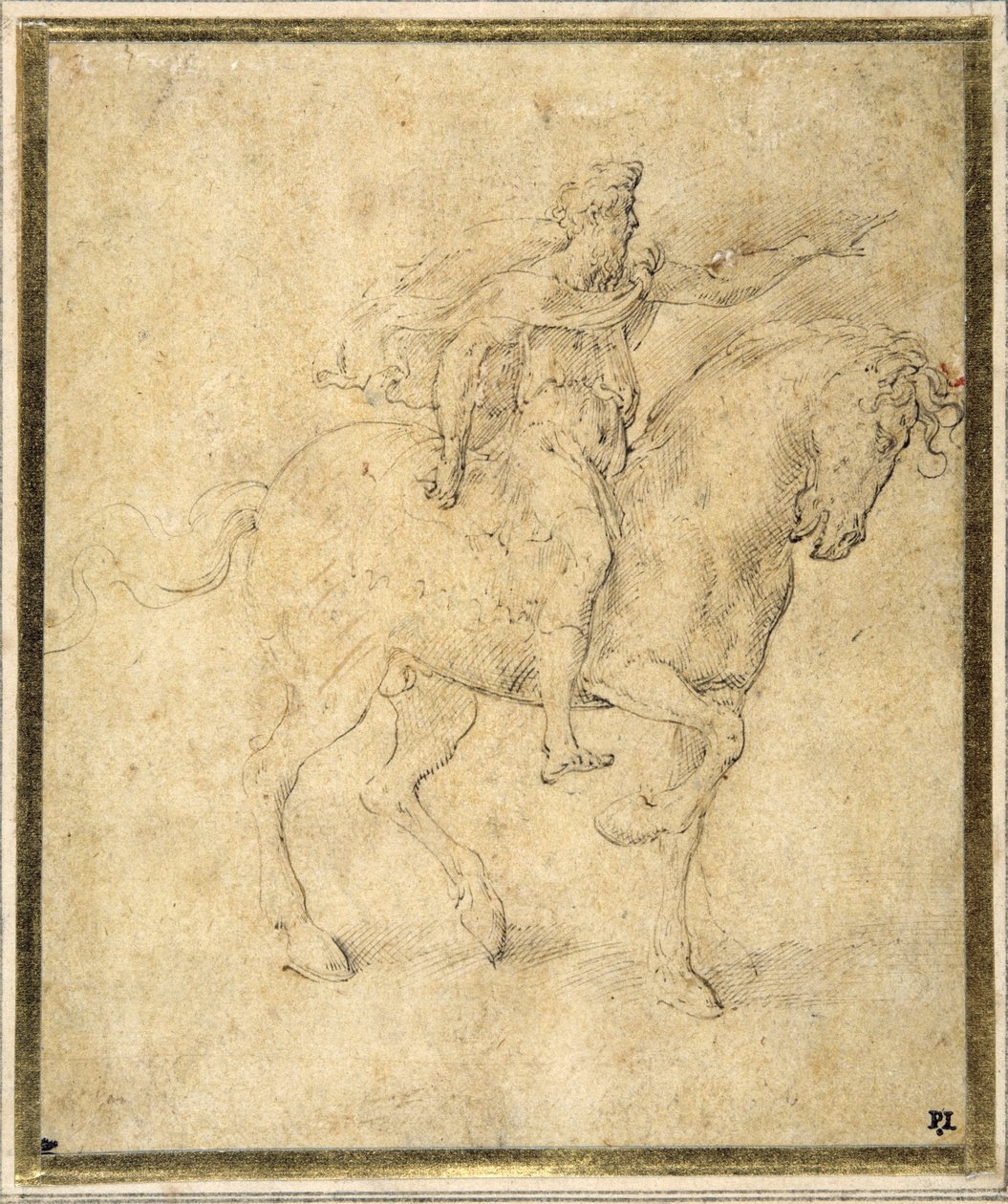 Ridefigur (penn og brunt blekk med brun vask på hvitt papir) av Parmigianino