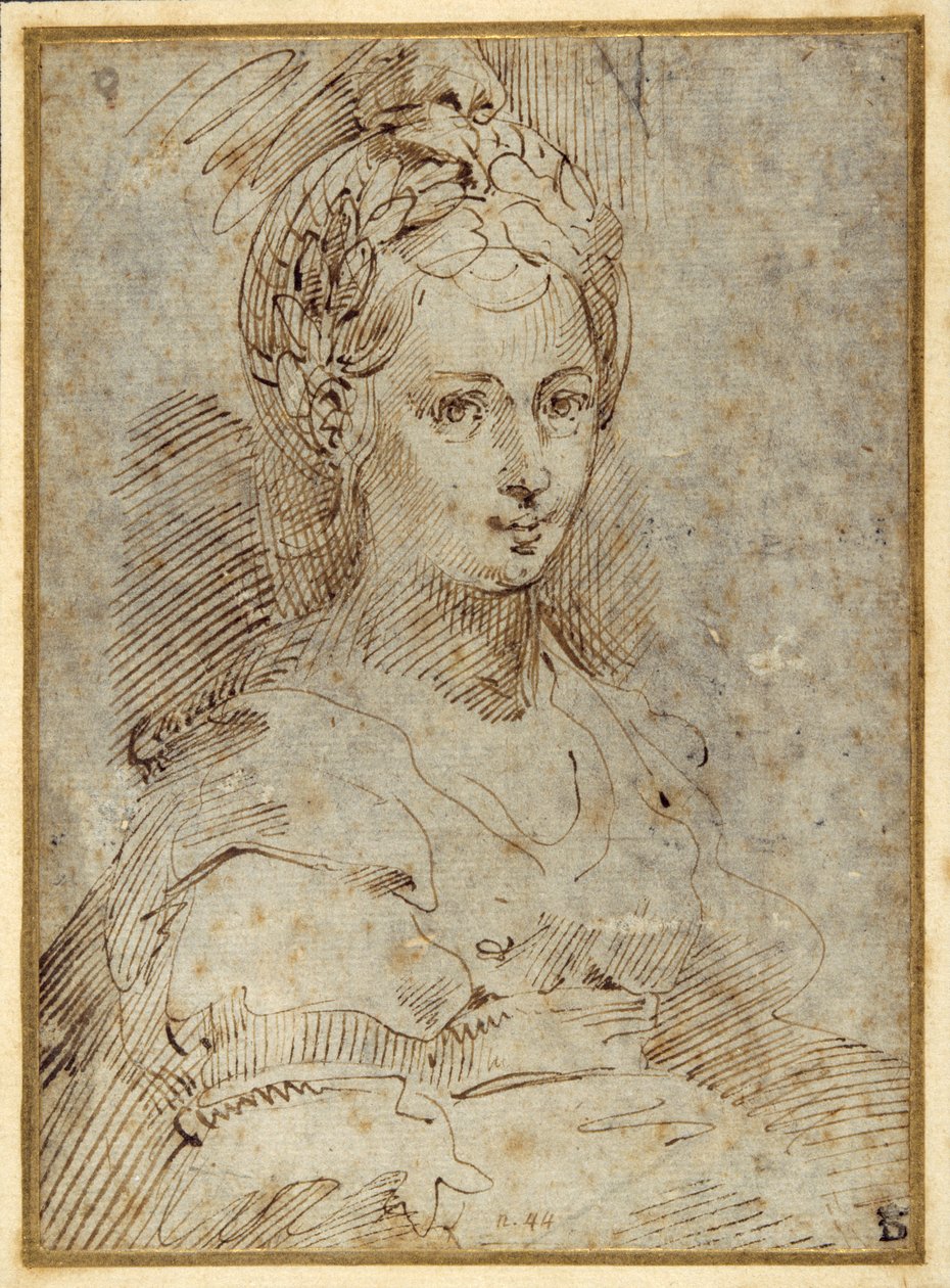 Halv lengde av en sittende kvinne (penn og blekk på papir) av Parmigianino