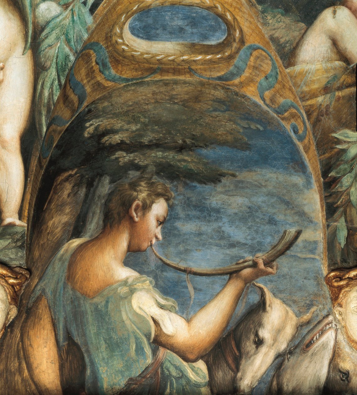 Hunter, fra Myth of Diana and Actaeon, ca. 1524 (fesco) av Parmigianino