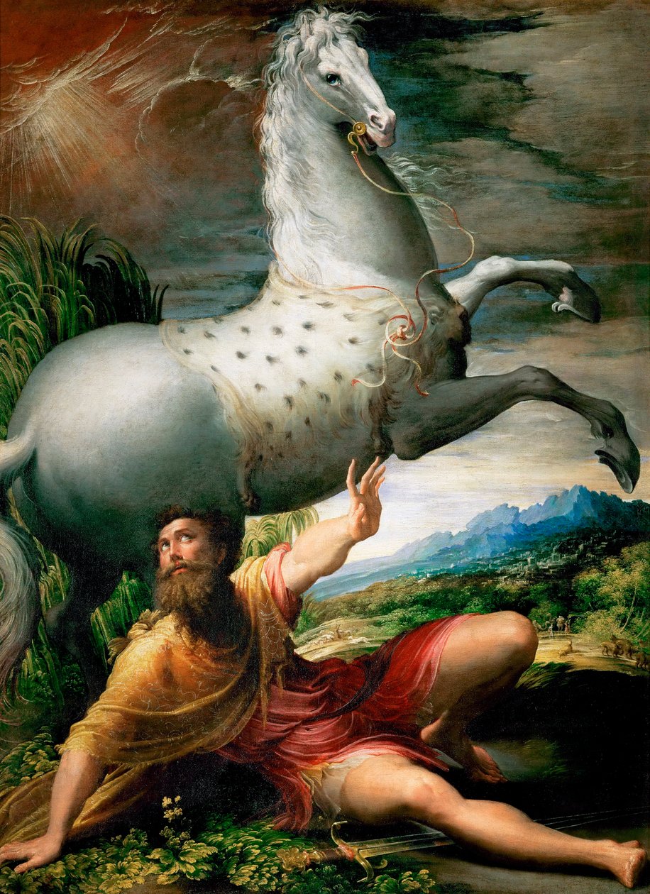 "The Conversion of Saint Paul on the Road to Damaskus" Maleri av Girolamo Francesco Maria Mazzola eller Mazzuoli dit il Parmigianino med kallenavnet The Parmesan (1503-1540) circa 1528 Art History Museum, Wien av Parmigianino