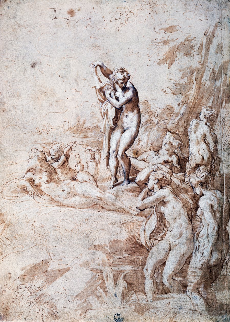 Nymfer som bader (penn og fortynnet blekk, hvitt bly) av Parmigianino