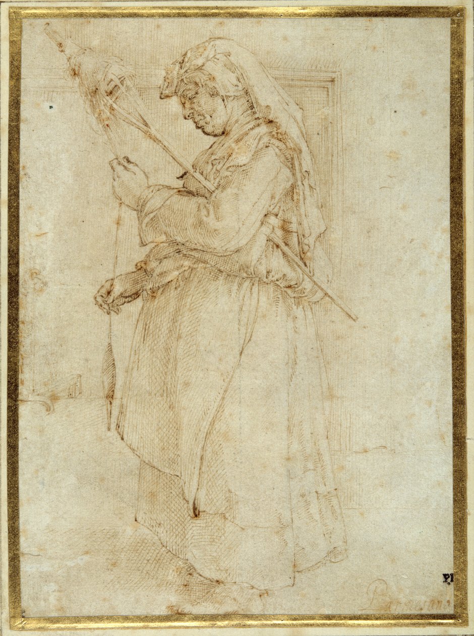 Gammel kvinne med en distaff, stående foran en peis (penn og brunt blekk på hvitt papir) av Parmigianino