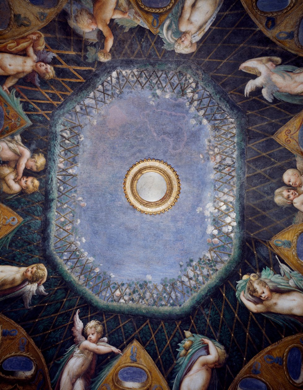 Putti og glimt av himmelen, rundt 1524, av Francesco Mazzola, kjent som Parmigianino (1503-1540), freskomaleri, hvelv av Room of Diana and Actaeon, Rocca Sanvitale, Fontanellato, nær Parma, Emilia-Romagna, Detail, Italia av Parmigianino