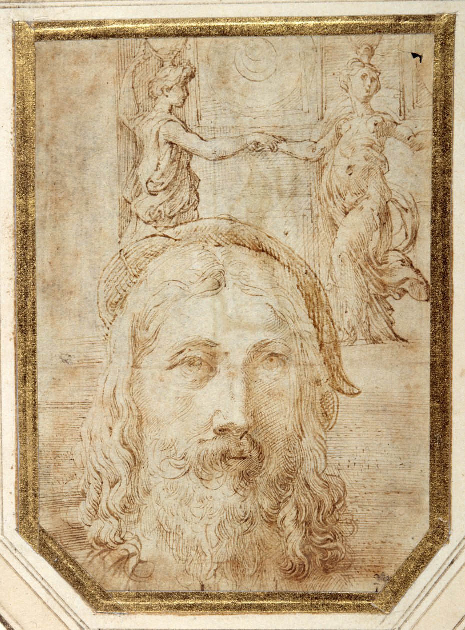 Selvportrett, pålagt forstudier for to canephori av Steccata (penn og brunt blekk på hvitt papir) av Parmigianino