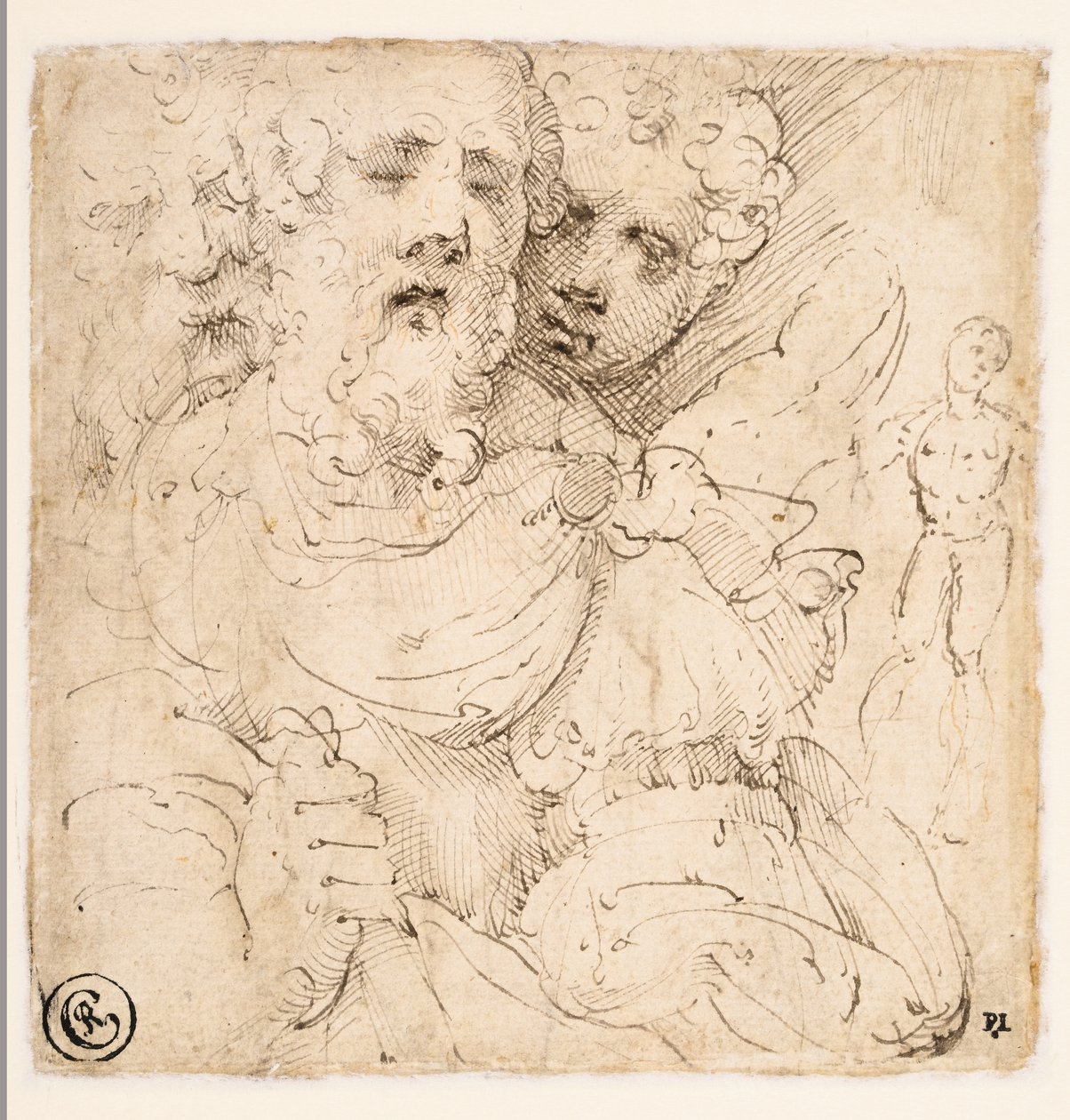 Studie av ansikter og en stående figur (verso) av Parmigianino