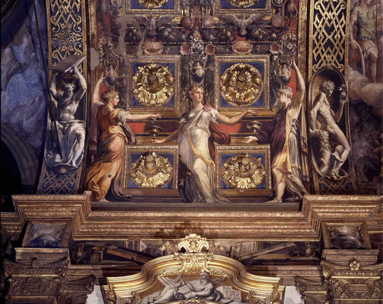 Tre av de fem gale jomfruene. Detalj av freskomaleriene av Francesco Mazzola (1503-1540) kjent som The Parmigianino (The Parmesan) som dekorerer hovedhvelvet til Major Chapel of the Church of the Madonna della Steccata i Parma. av Parmigianino