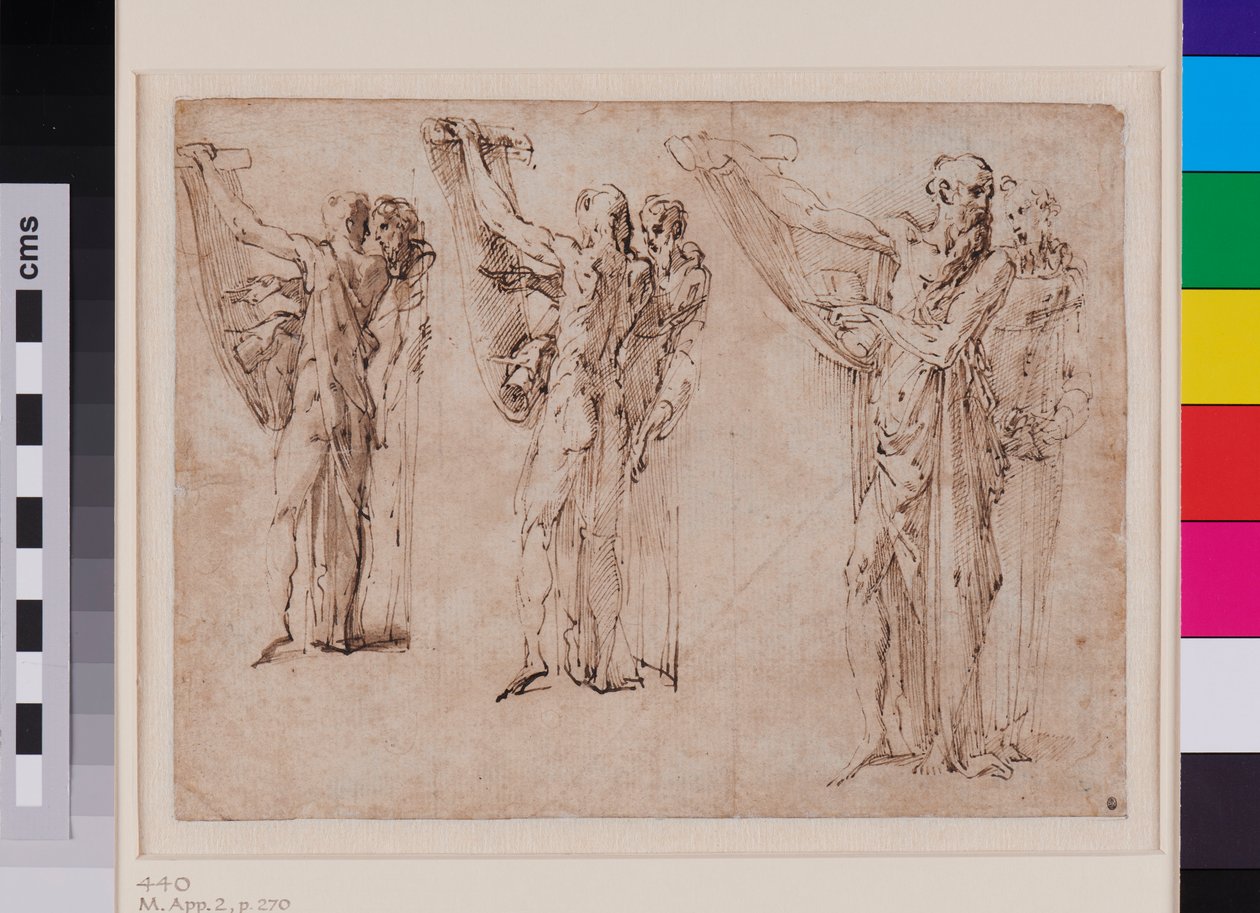 Tre studier av St. Hieronymus og St. Frans i samtale, recto ca. 1534–1539 (penn og brunt blekk med grå vask på bundet papir) av Parmigianino (1503-40)
