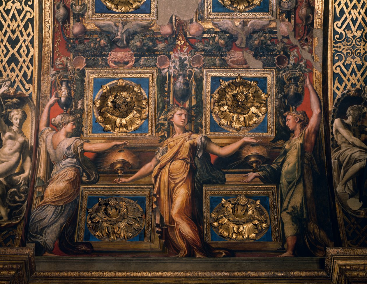Tre kloke jomfruer, detalj av Tre kloke jomfruer og tre tåpelige jomfruer, av Francesco Mazzola kjent som Il Parmigianino, freskomaleri, undersiden av buen til presbyteriet, helligdommen Santa Maria della Steccata, Parma, Emilia-Romagna. Italia av Parmigianino