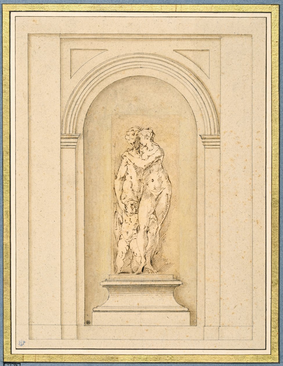 To figurer og en amor omgitt av en senere arkitektonisk ramme av Parmigianino