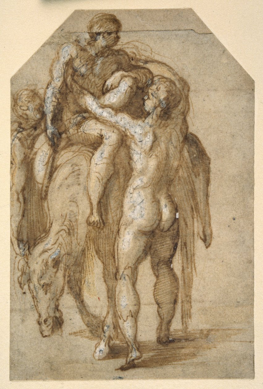 To nakne menn som løfter en syk mann fra en sliten hest (penn og brunt blekk med brun vask forsterket med hvit kroppsfarge på papir) av Parmigianino