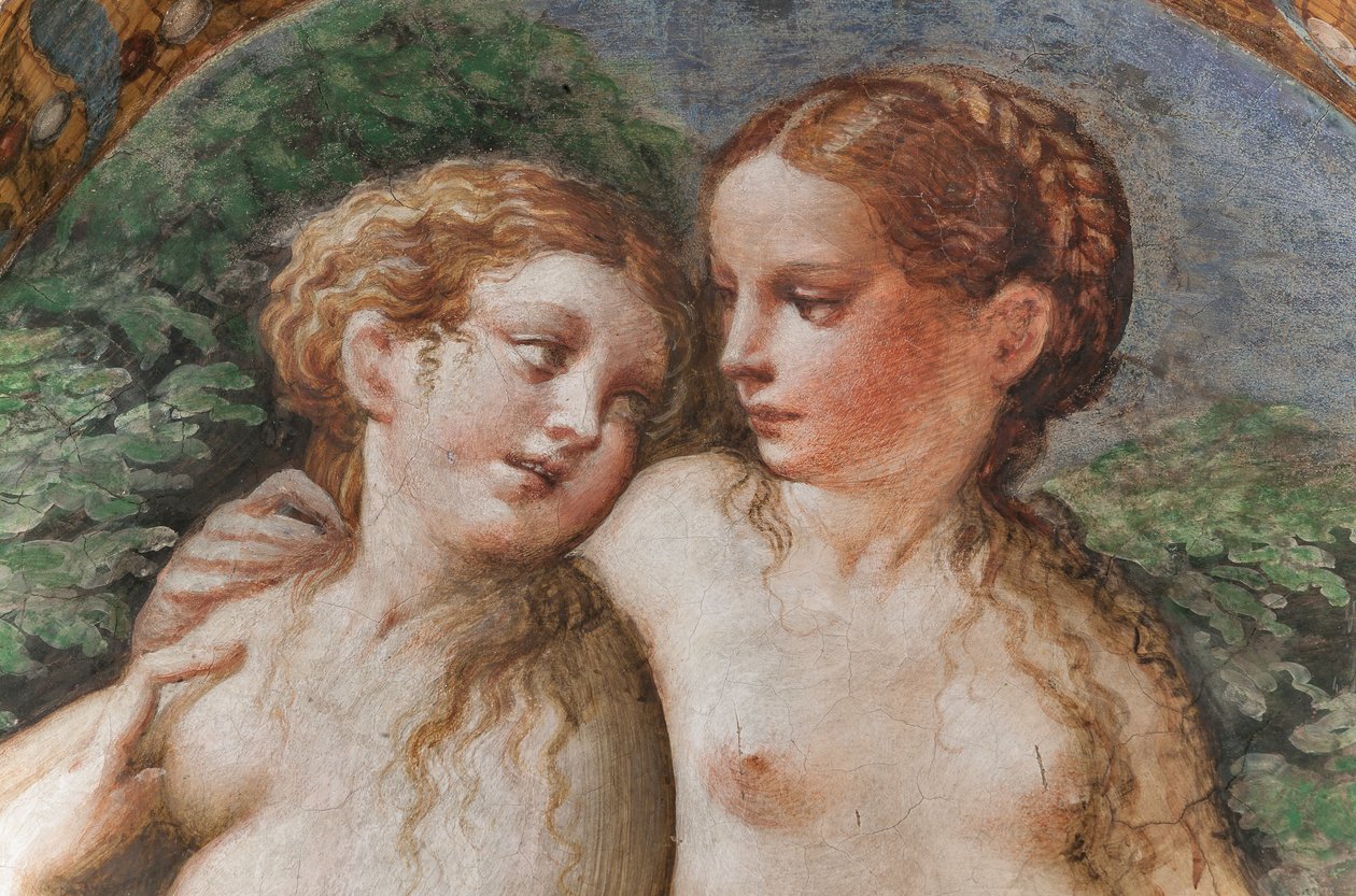 To nymfer som deltar på Dianas bad, fra rommet til Diana og Actaeon, detalj av 2384753 av Parmigianino