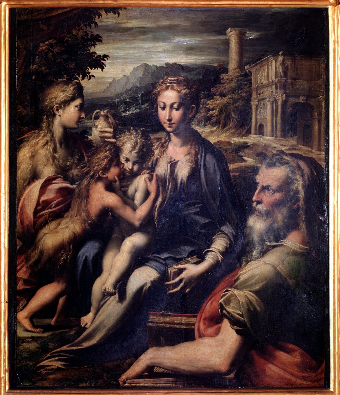 Jomfru med barn, døperen Johannes, Magdalena og Sakarja - olje på panel, ca. 1530 av Parmigianino