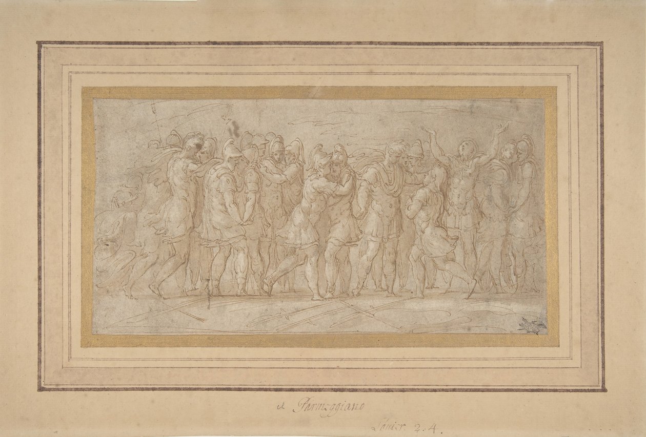 Romerske eller greske krigere feirer etter en seier., 1503-40. av Parmigianino