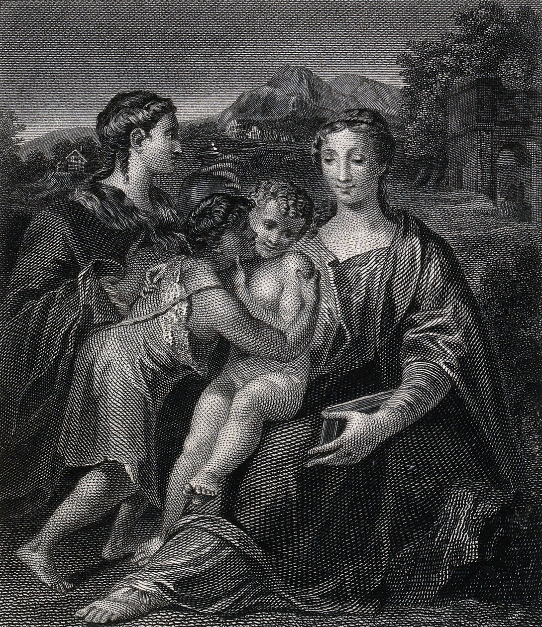 Den hellige Maria (den velsignede jomfru) med Kristusbarnet, den hellige Johannes Døperen og den hellige Maria Magdalena. Gravering etter G.F.M. Mazzola, il Parmigianino. av Parmigianino