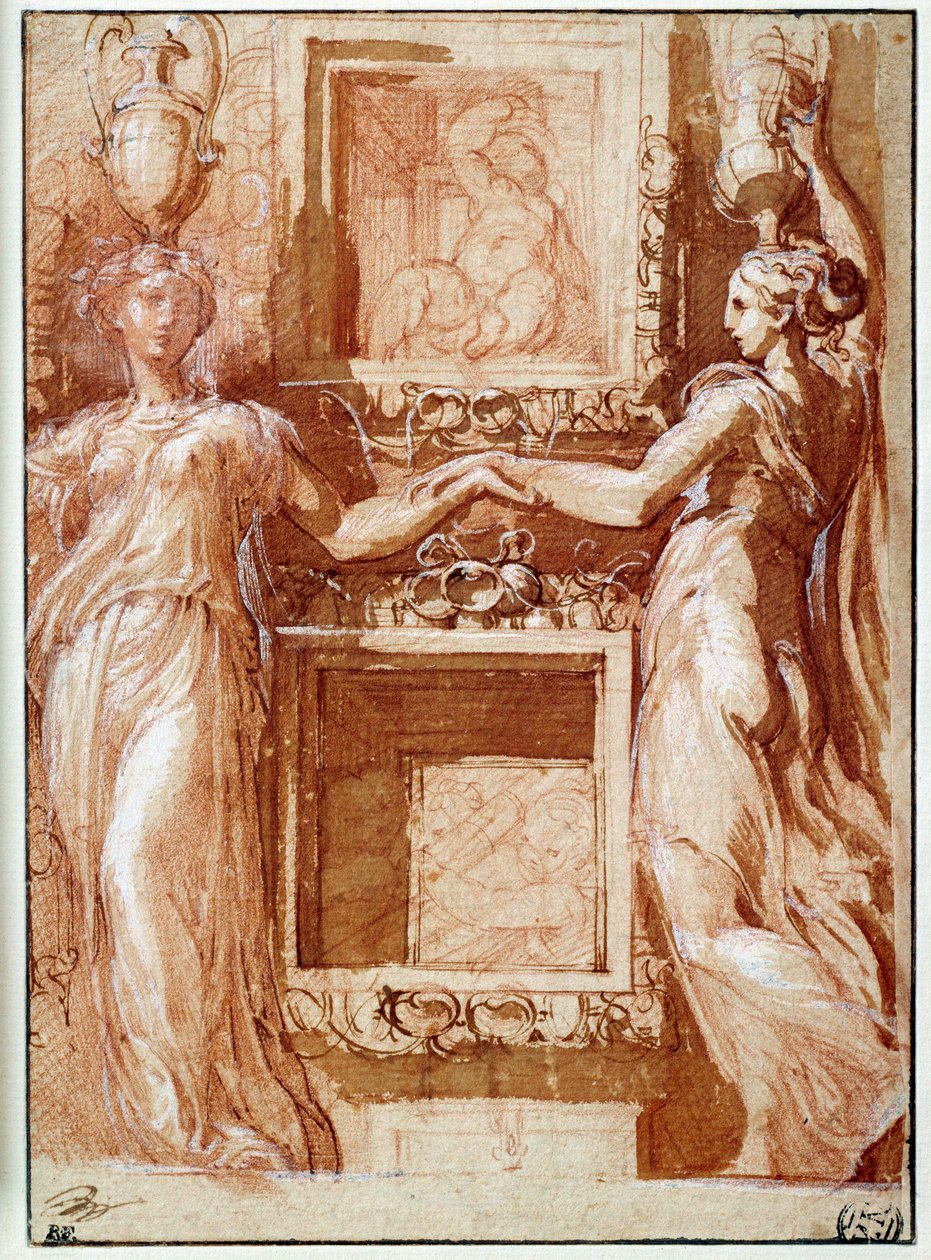 To kaneforer som gir hånden, på begge sider av boksene Tegning i blekk, vask, blod og hvite klaffer av Girolamo Francesco Maria Mazzola dit Parmigianino eller Le Parmesan av Parmigianino