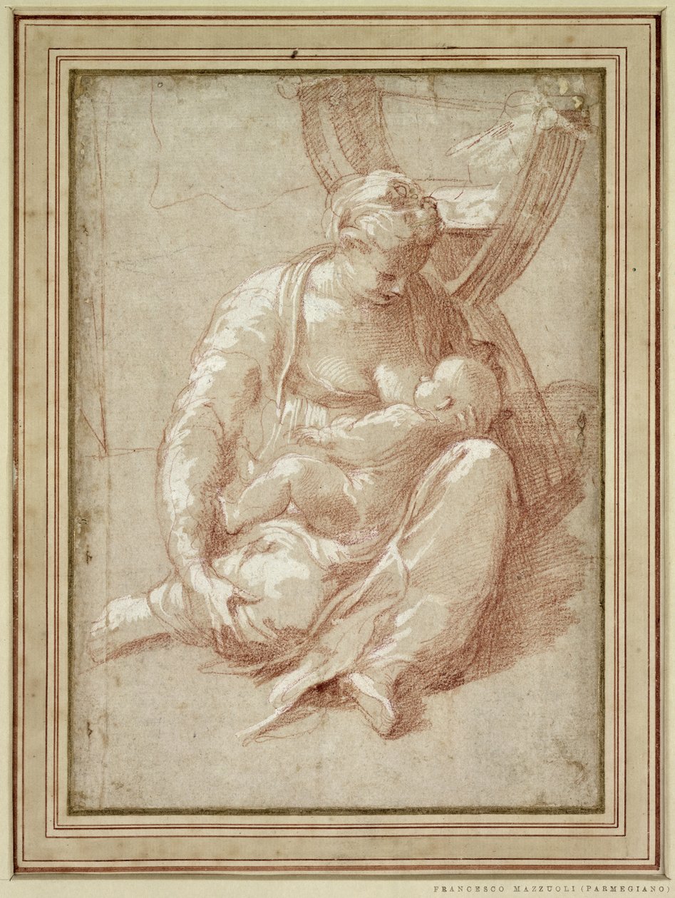 Jomfru sitter på bakken og ammer barnet av Parmigianino