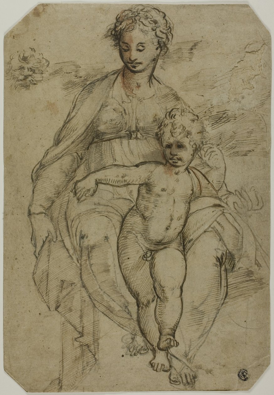 Jomfru og barn (recto); Skisse av tre hellige og karikaturskisse (verso) av Parmigianino
