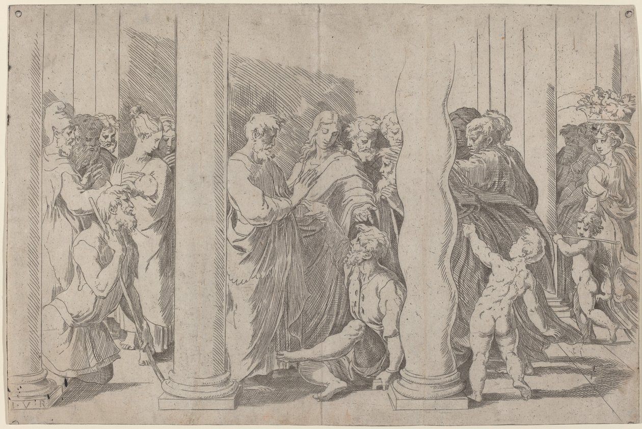 De hellige Peter og Johannes helbreder den lamme mannen ved Golden Gate av Parmigianino after Raphael