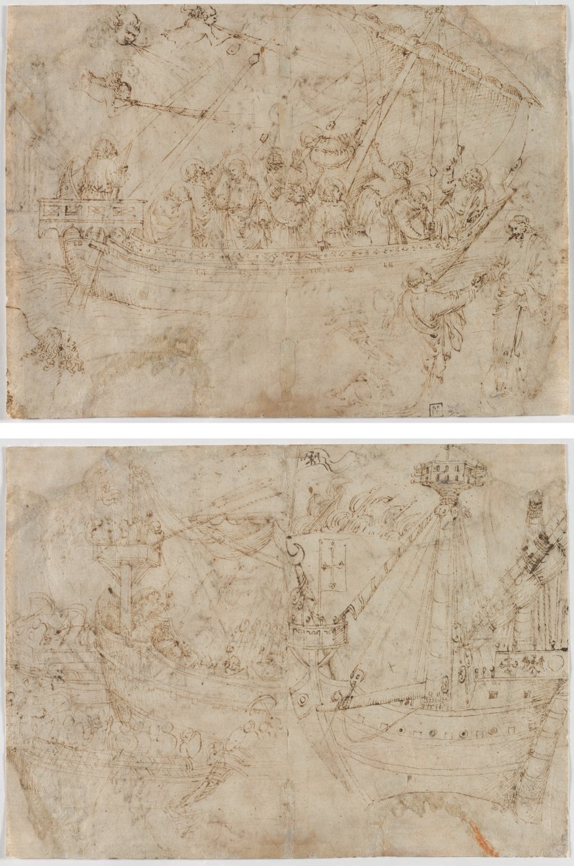 Navicella (recto) To tegninger av skip (verso) av Parri Spinelli