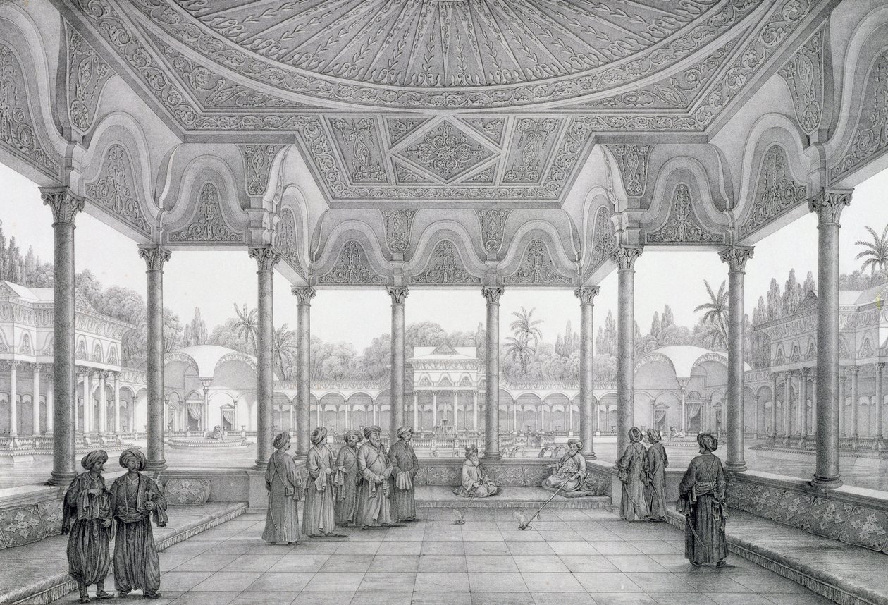 Fountain and Kiosk of the Garden of Choubrah, fra 'Monuments and Buildings of Cairo', gravert av Auguste Hibon (1780-1857) utgitt av Letronne, Paris, 1829 av Pascal Xavier Coste