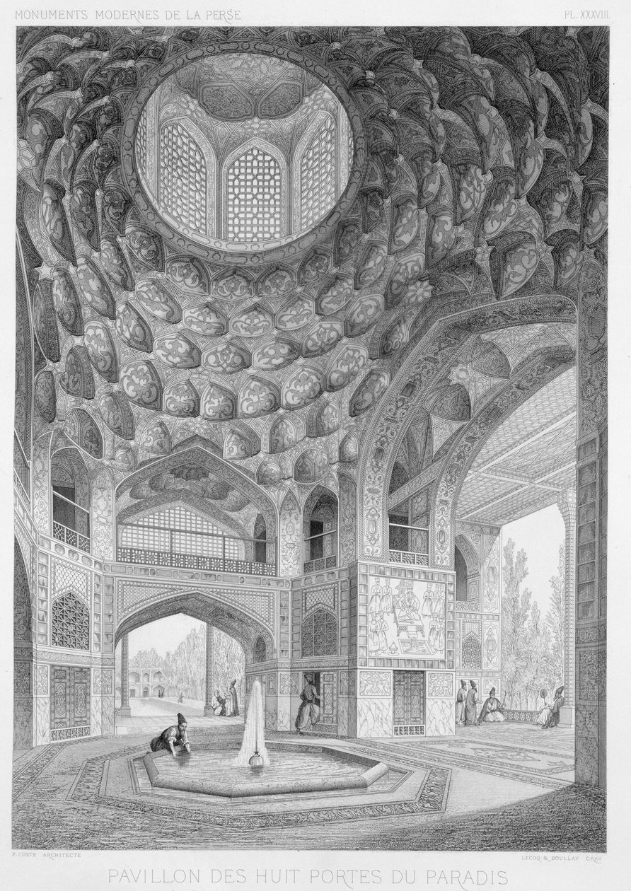 Pavilion of the Eight Paradises, i Isfahan, fra 'Voyage Pittoresque' of Persia, gravert av Horace Lecoq (1802-97) og Boullay, utgitt av Lemercier, Paris, 1856 av Pascal Xavier Coste