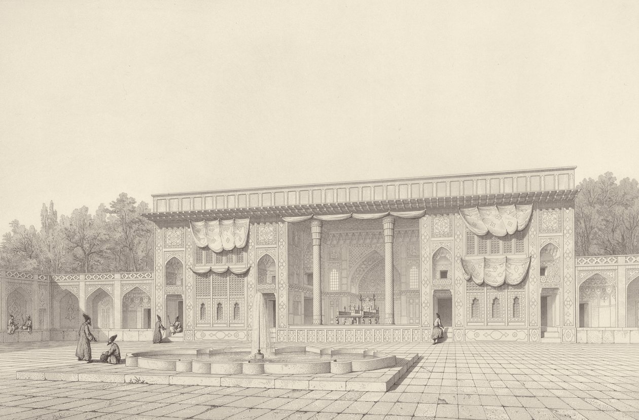 Throne Pavilion, i Teheran, fra Voyage Pittoresque of Persia, gravert av Claude Sauvageot (1832-85) utgitt av Lemercier, Paris, 1856 av Pascal Xavier after Coste