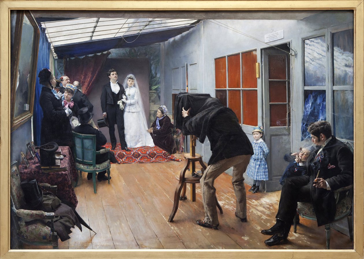 Et bryllup med fotografen, Maleri laget i 1879 av Pascal Adolphe Jean Dagnan Bouveret (1852-1929). Fotografi, KIM Youngtae, Lyon, Musee des Beaux Arts de Lyon. av Pascal Adolphe Jean Dagnan Bouveret
