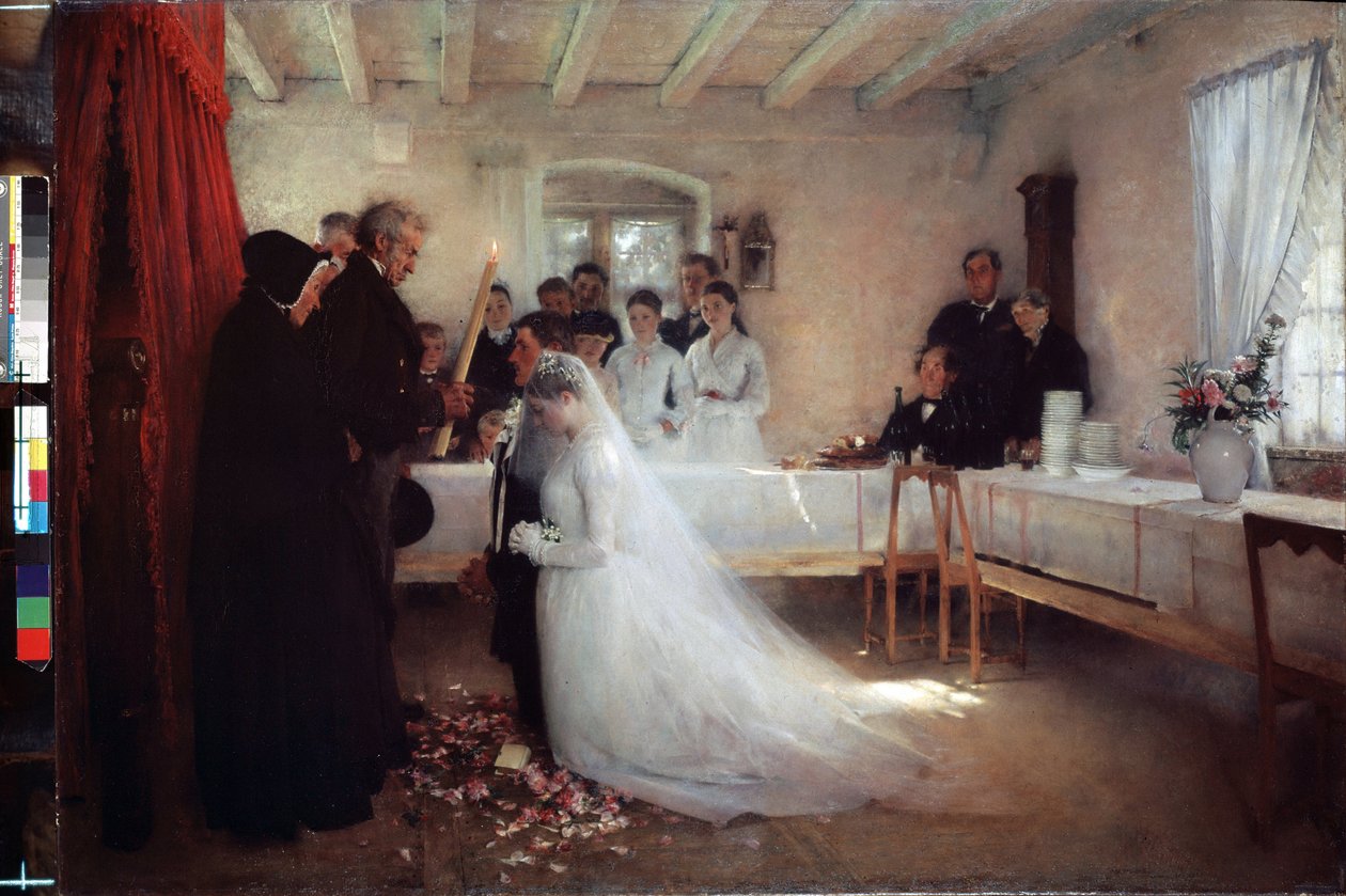 ""Bryllupsvelsignelsen"" (Bryllup) Maleri av Pascal Adolphe Jean Dagnan-Bouveret (Dagnan Bouveret) (1852-1929) 1880-1881 Pushkin Museum Moskva av Pascal Adolphe Jean Dagnan Bouveret