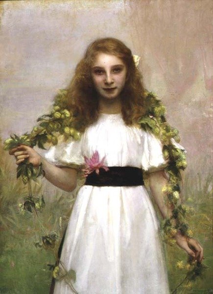 Portrett av en ung jente med blomster (olje på lerret) av Pascal Adolphe Jean Dagnan Bouveret
