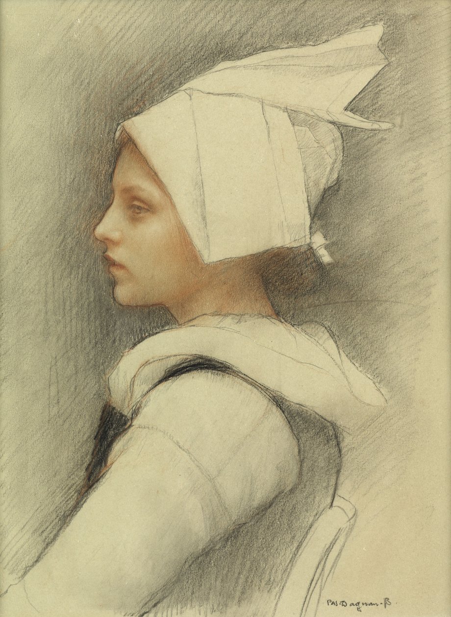 En bretonsk jente (farget kritt på papir) av Pascal Adolphe Jean Dagnan Bouveret