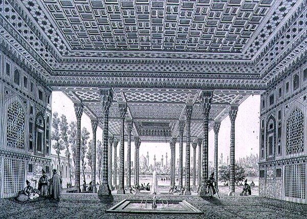 Innvendig utsikt over Pavilion of Mirrors, Isfahan, plate 35 fra 