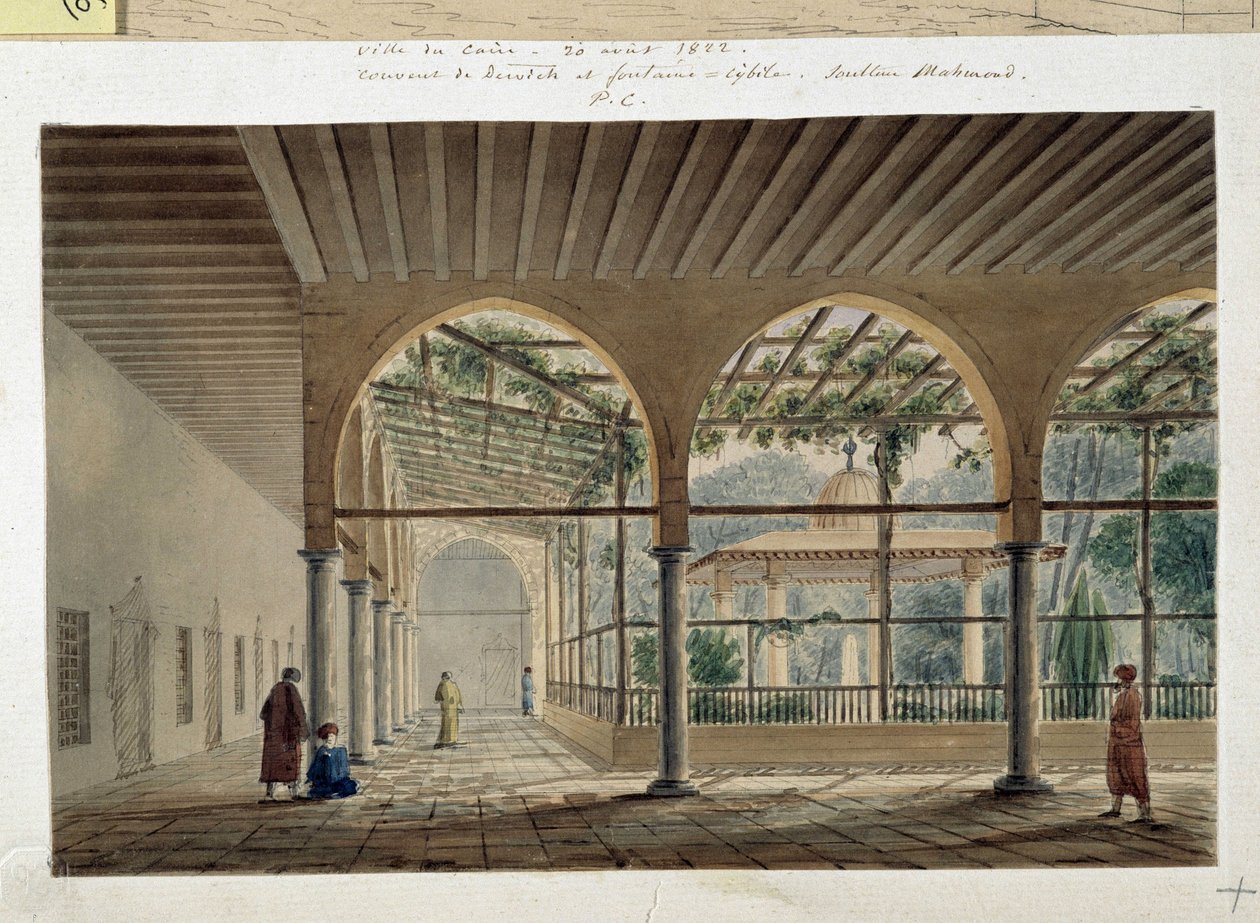 Orientalisme: dervisjkloster og fontene. Tegning av Pascal Coste (1787-1879) av Pascal Xavier (after) Coste