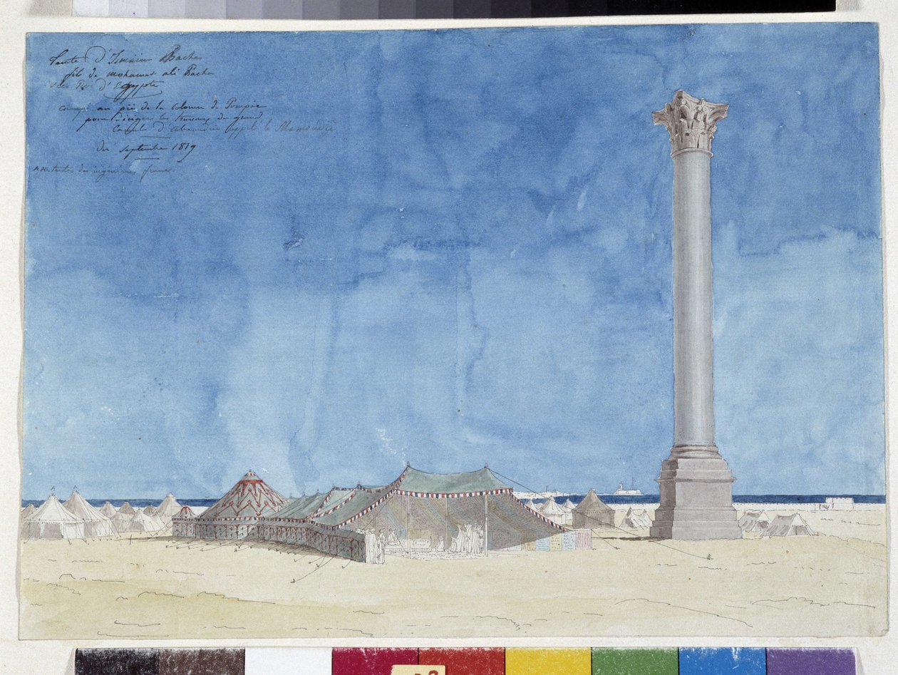 Telt, leir ved foten av Pompee-søylen. Tegning av Pascal Coste (1787-1879), kommunale biblioteket i Marseille av Pascal Xavier (after) Coste