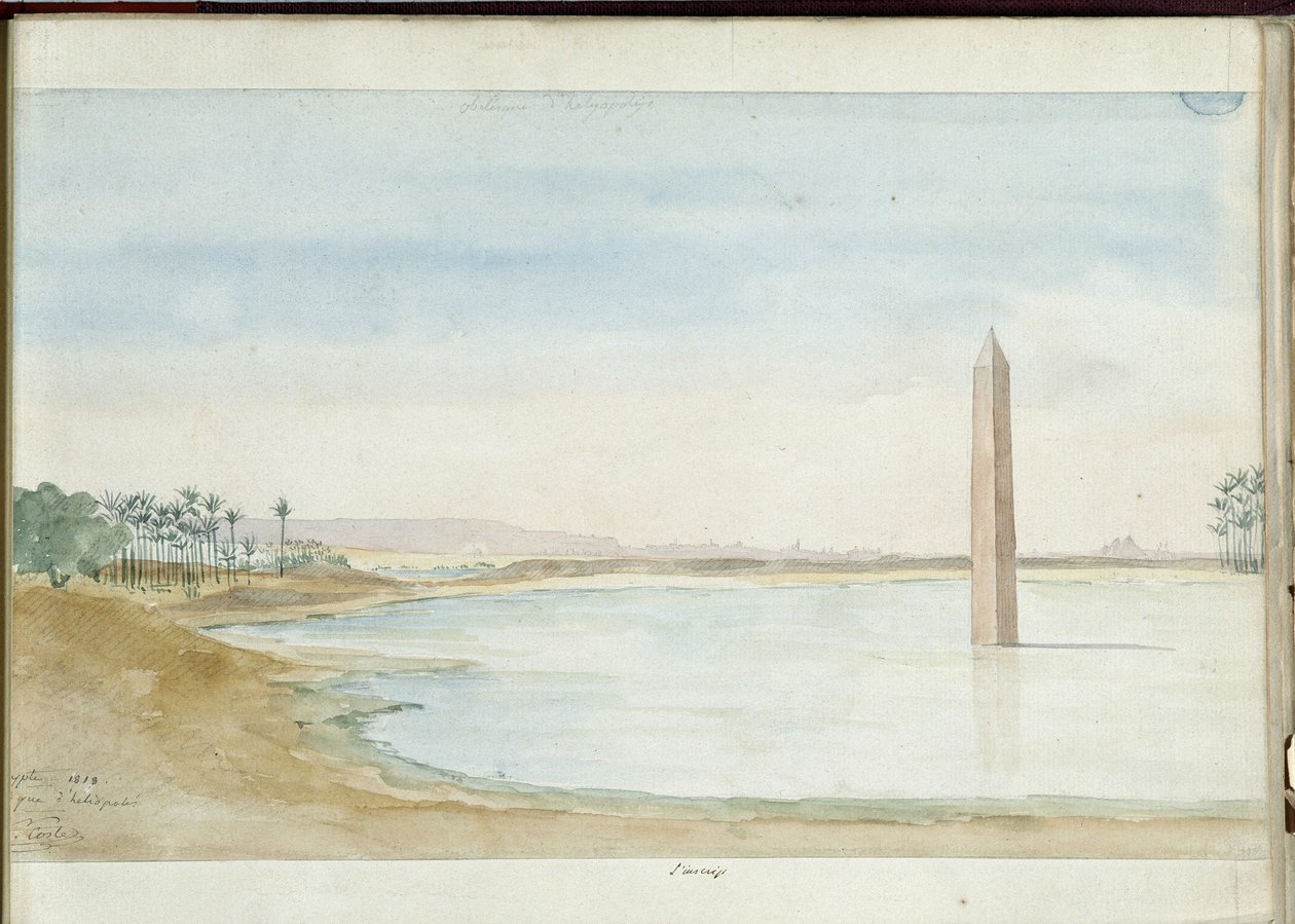 Utsikt over Nilen og Obelisken til Sesostris I i Heliopolis, Egypt. Akvarell av Pascal Coste (1787-1879). Kommunebiblioteket i Marseille av Pascal Xavier (after) Coste