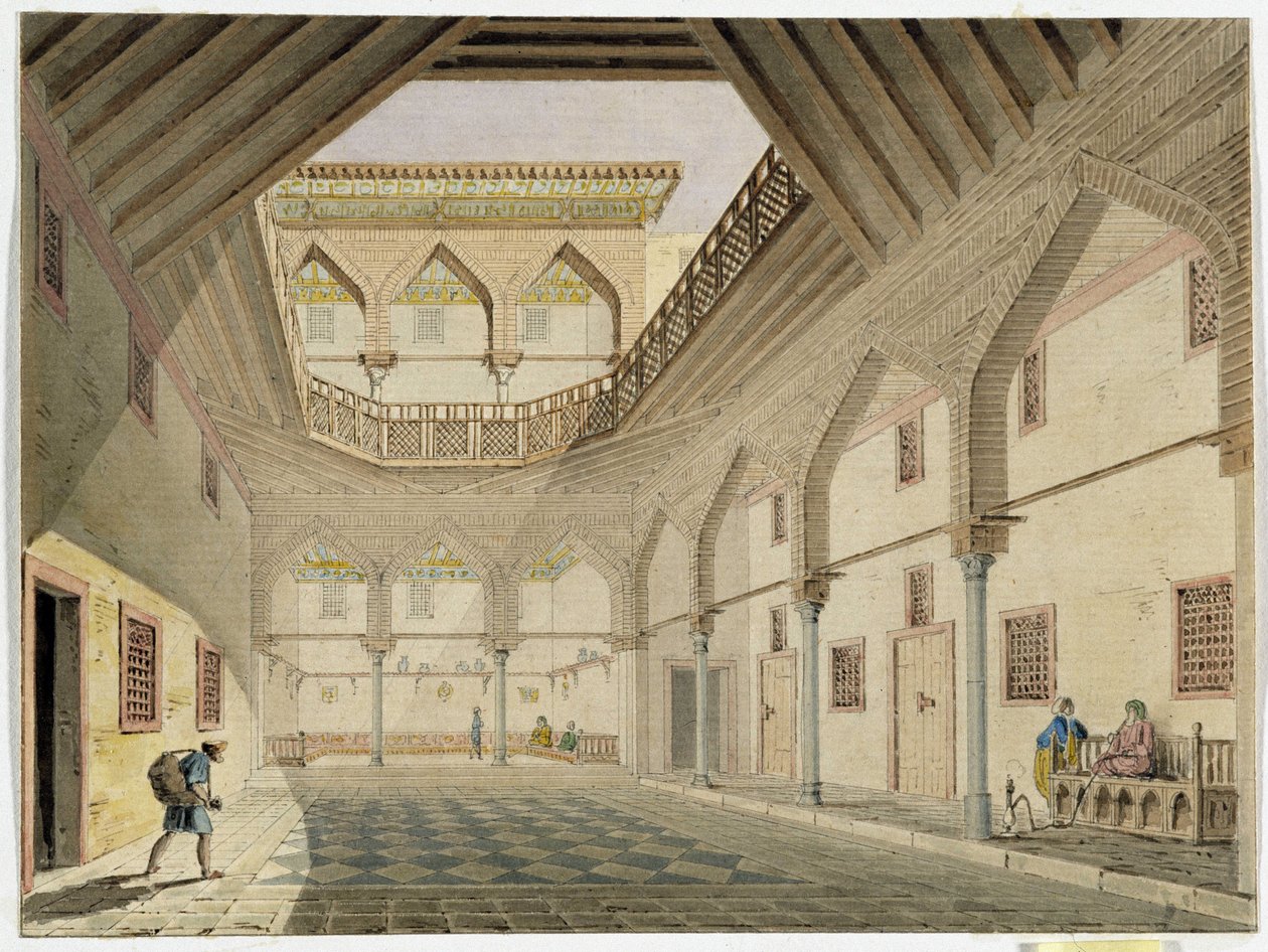 Utsikt over det indre av en caravanserail, hjemmet til Azir Osman Agha. Akvarell av Pascal Coste (1787–1879) Museum of Mediterranean Archaeology, Marseille av Pascal Xavier (after) Coste