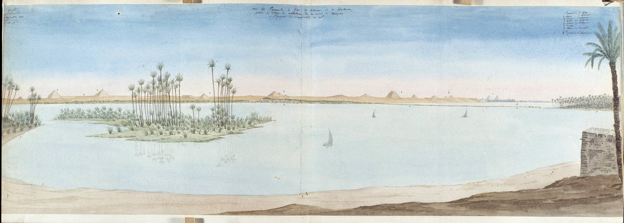 Utsikt over pyramidene i Guiseh (Guiseh, Giza, Giza), Sakarra og Datekour. Egypt Akvarell av Pascal Coste (1787-1879) kommunale bibliotek i Marseille av Pascal Xavier (after) Coste