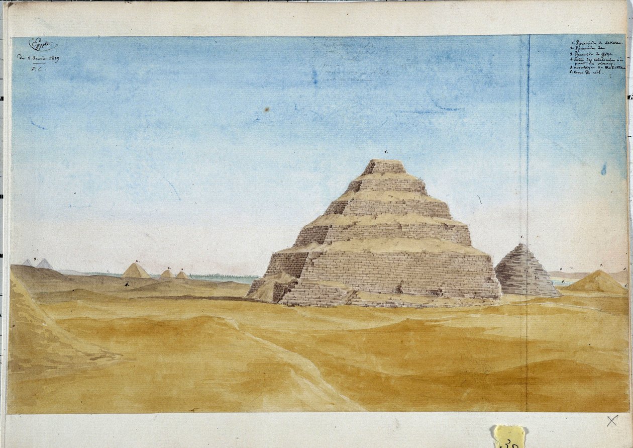 Utsikt over pyramidene i Sakarra. Egypt januar 1819 Akvarell av Pascal Coste (1787–1879) kommunale bibliotek i Marseille av Pascal Xavier (after) Coste