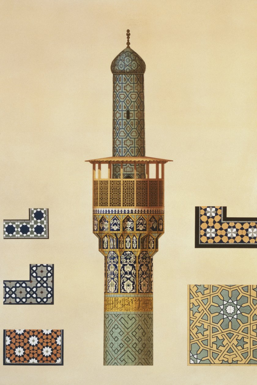 En minaret og keramiske detaljer fra moskeen til Medrese-i-Shah-Hussein, Isfahan, plate 24-25 fra 