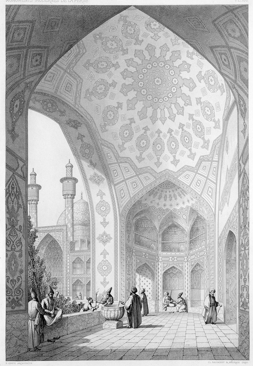 Vestibylen til hovedinngangen til Medrese-i-Shah-Hussein, Isfahan, plate 21 fra 'Modern Monuments of Persia', gravert av Claude Sauvageot (1832-85) og Maurage, 1856 av Pascal Xavier Coste