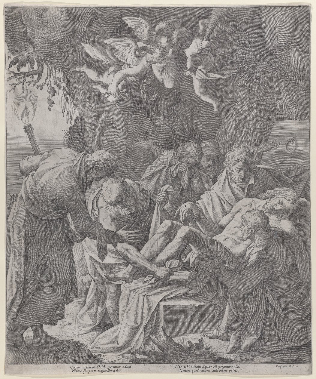 Kristus blir lagt i graven mens jomfruen står og gråter bak, 1600-30., 1600-30. av Pasquale Ottino