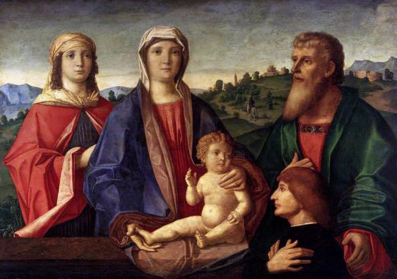 Madonna og barn med hellige og en giver, 1504 av Pasqualino Veneto fl.1496 1504 Pasqualino Veneto fl.1496 1504