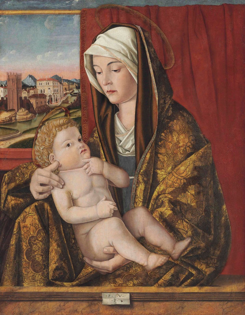 The Madonna and Child (olje og tempera på panel, overført til et annet panel) av Pasqualino Veneto (fl.1496 1504)