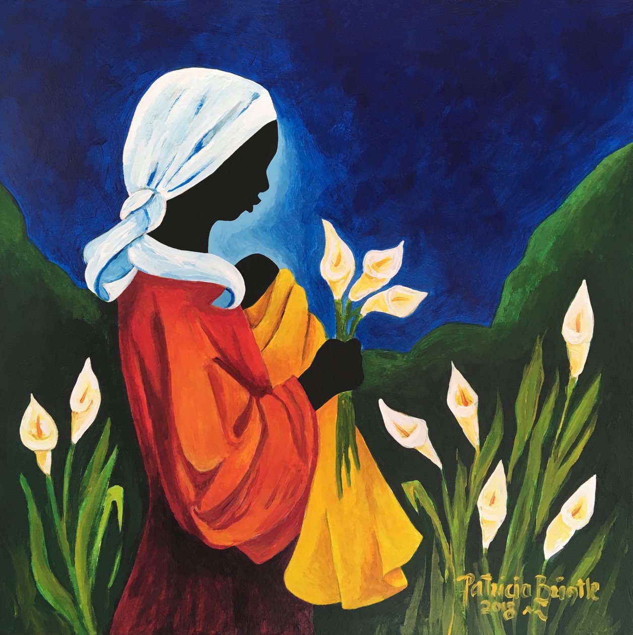 Madonna and Child of the Callas, 2018 (akryl på tre) av Patricia Brintle