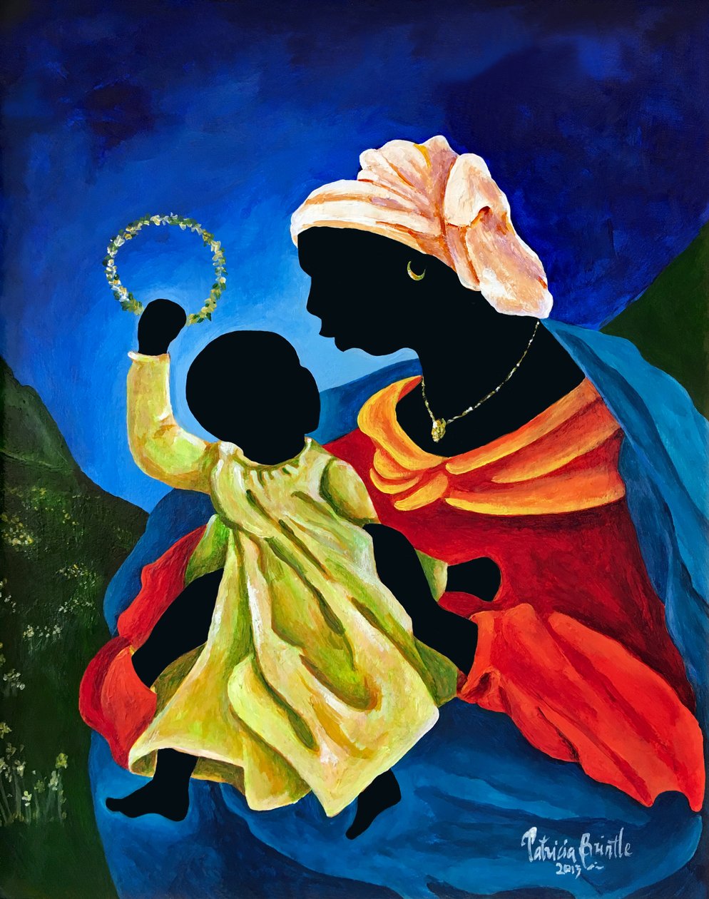 Madonna og barn med krone av blomster, 2015 (akryl på masonitt) av Patricia Brintle